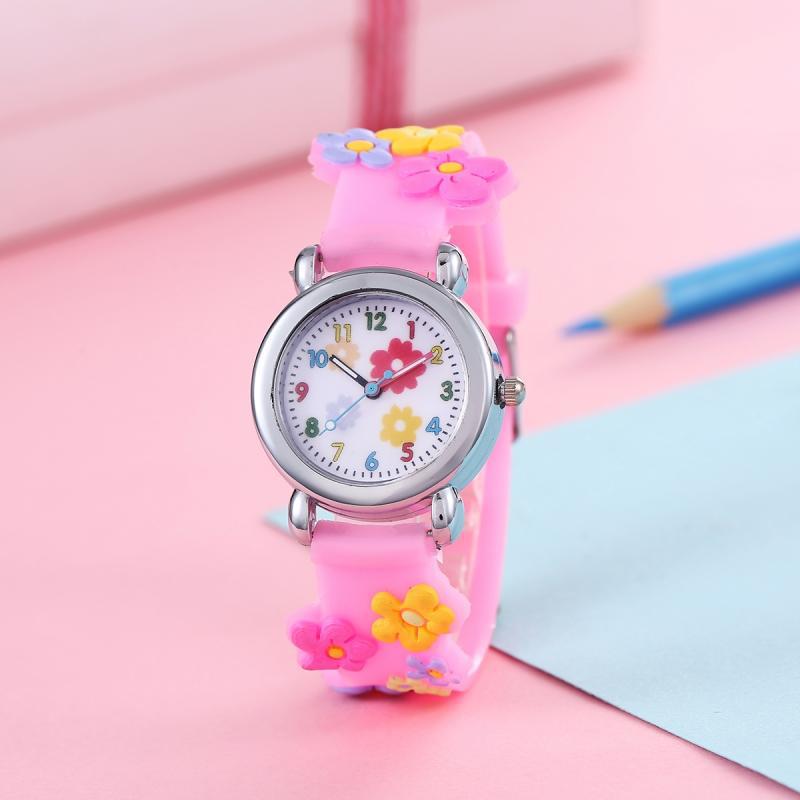 Cute Sweet Colored Flower Cartoon Watch, Pink Silicone Tape Quartz Cartoon Schoolgirl Watches Kid s Quartz Wristwatches розовый