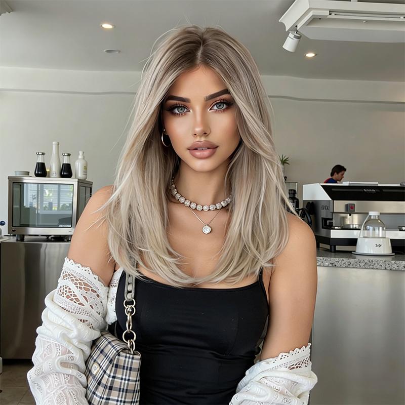 Women's Fashion Medium-Long Wig, Ash Blonde Side-Part Fringe High-Temperature Fiber Synthetic Hairpiece