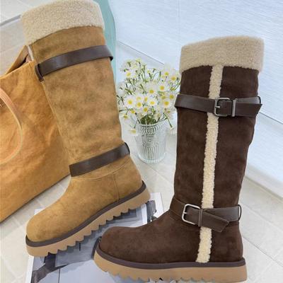 Sleeve Cotton Shoes Winter New Round Head Spliced Sleeve Metal Buckle Anti-slip Wear-resistant High Boots