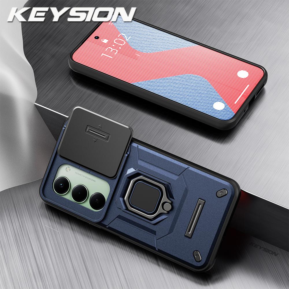 KEYSION Shockproof Armor Case for Redmi 15 169.5mm 171mm Slide Camera Lens Protection Metal Ring Stand Phone Cover for Redmi 5G