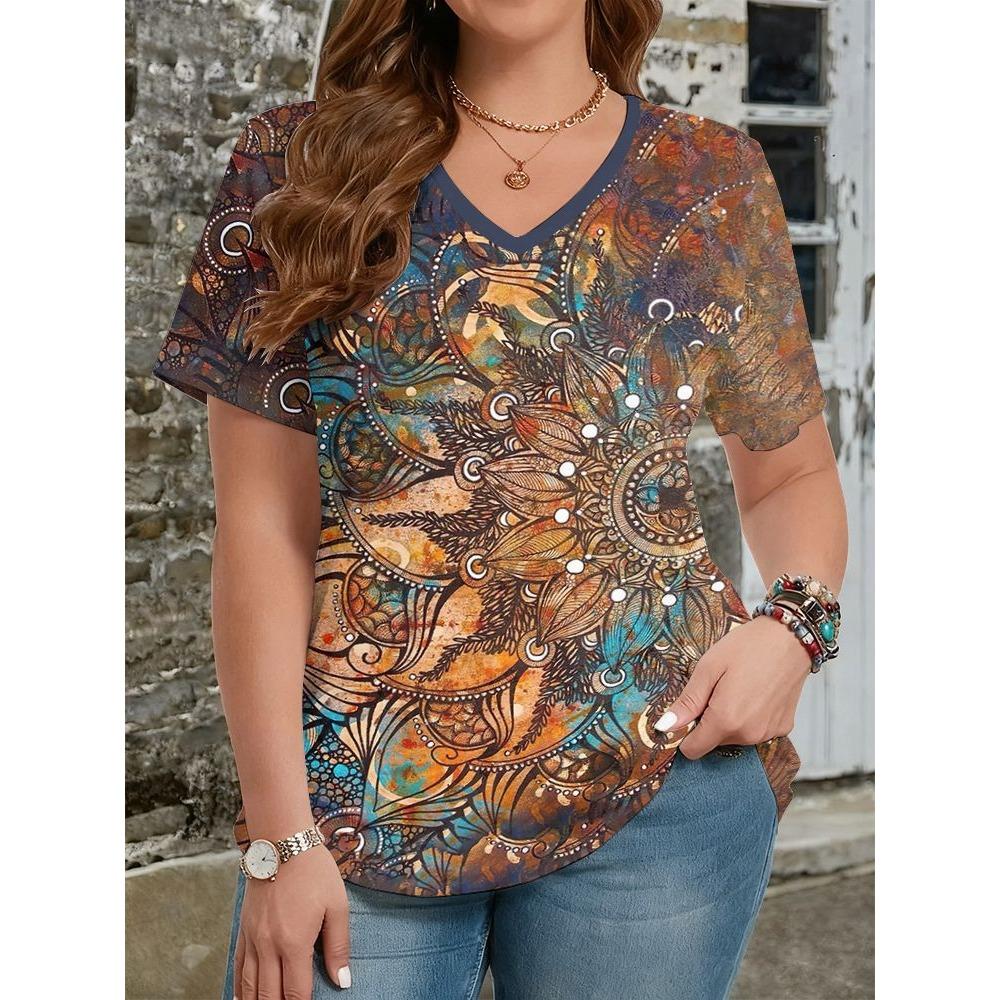 Summer Ethnic Style Floral 3D Print T-Shirts Women's V-Neck Short Sleeve T Shirt Y2k Harajuku Tees Casual Tops Female Clothing