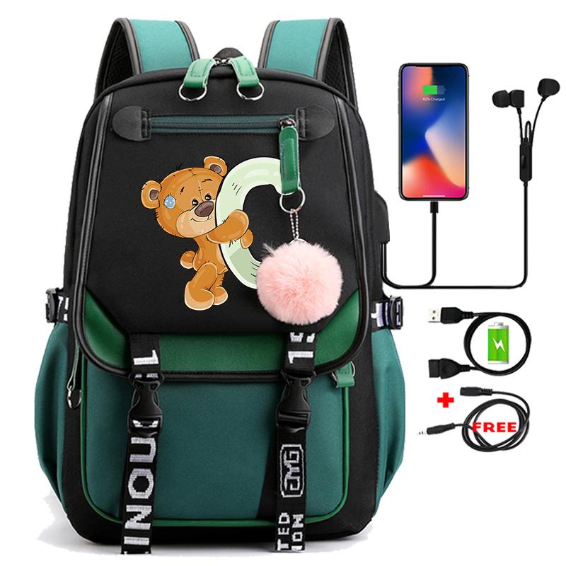 Lovely Little Bear 26 English Letters Student School Bag Backpack Outdoor Teenage Girl Cartoon Bookbag Laptop Travel Rucksack