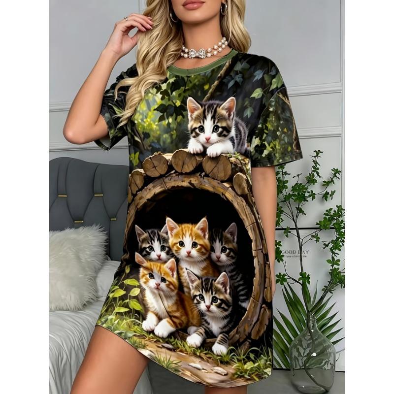 Women'S Round Neck Short Sleeve T-Shirt with Rose Print Sleeping Dress