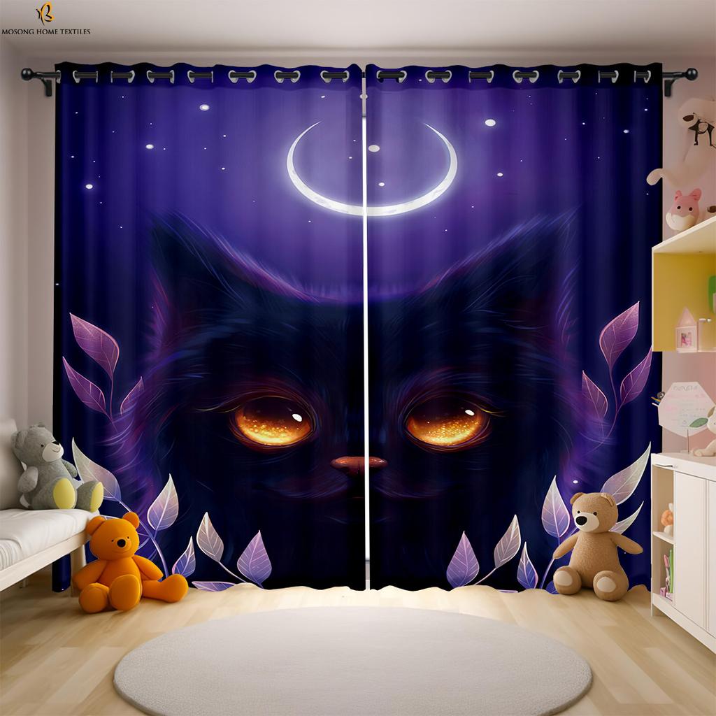 Cat Cartoon Printed Curtains Polyester Bedroom Living Room Kids Window Decoration Curtain Set Of 2 Made Washable Sitting Ready