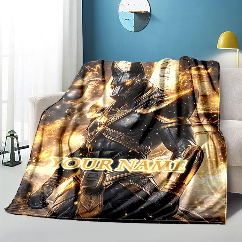 1PC Custom Name Anubis Golden Guardian flannel blanket versatile, all-season throw suitable for the living room, bedroom, camping, travel, and gift