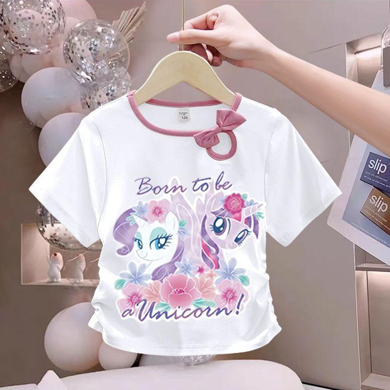 Girls' Fashionable Bow Tie Top for Summer, Children's Round-neck Short-sleeved Pure Cotton T-shirt
