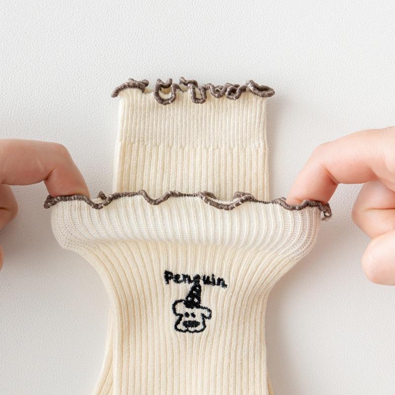 Cartoon-embroidered Socks for Women, Spring and Autumn, Thin and Versatile Mid-calf Socks, Sweet Black Ear-trimmed Pile Socks