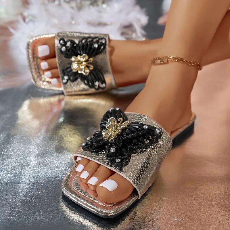 Fashion 2025 Summer Open Toe Square Toe Women's Slipper Outdoor Daily Sandals Women with Crystal Butterfly Plus Size Low Heel Slippers