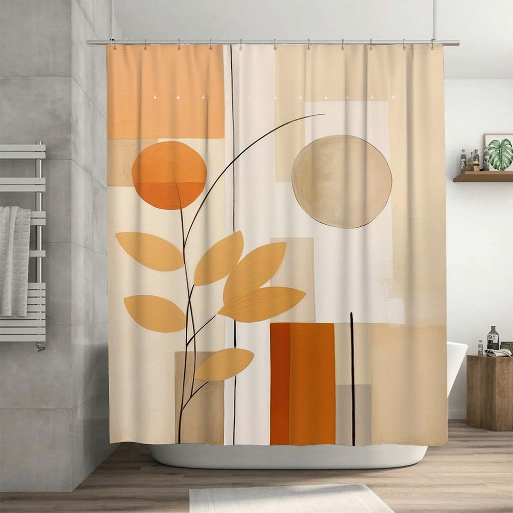 Cortină de duș modernă pentru baie, design geometric floral în bej, portocaliu, alb, pentru decorul casei, instalare ușoară cu inele cu cârlige, perfec