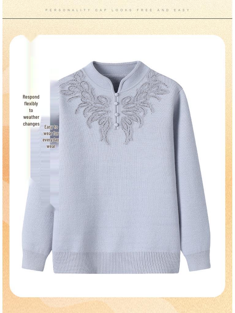 Mom's 2025 Autumn Chinese Style Sweater for Middle-Aged Women, Warm Velvet Knit, Age-Reducing for Winter/Autumn