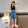 Girls' Summer Denim Mid-Length Fashionable Wide-Leg Shorts