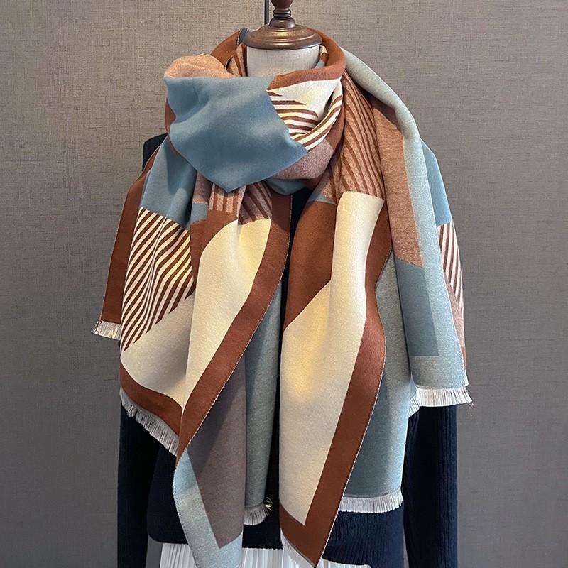 Luxury  Cashmere Women Stripe Scarf Winter Warm Shawl And Wrap Bandana Pashmina Female Foulard Square Thick Blanket Poncho