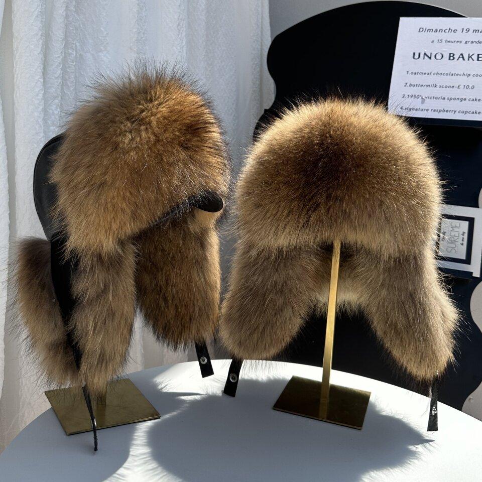 New Winter Men's 100% Real Silver Fox Fur Bomber Hat Raccoon Fur Ushanka Cap Trapper Russian Man Ski Hats Caps Real Leather