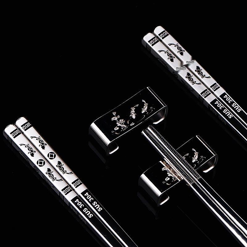 304 Stainless Steel Chopsticks & Rests Gift Set with Laser Black and White Logo