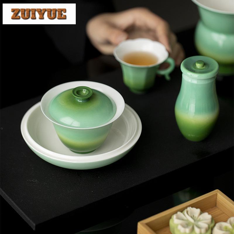 120ml Gradient Ramp Emerald Green Gaiwan Elegant Not Hot Tea Tureen Tea Bowl With Lid Kit Tea Making Cover Bowl For Tea Craft