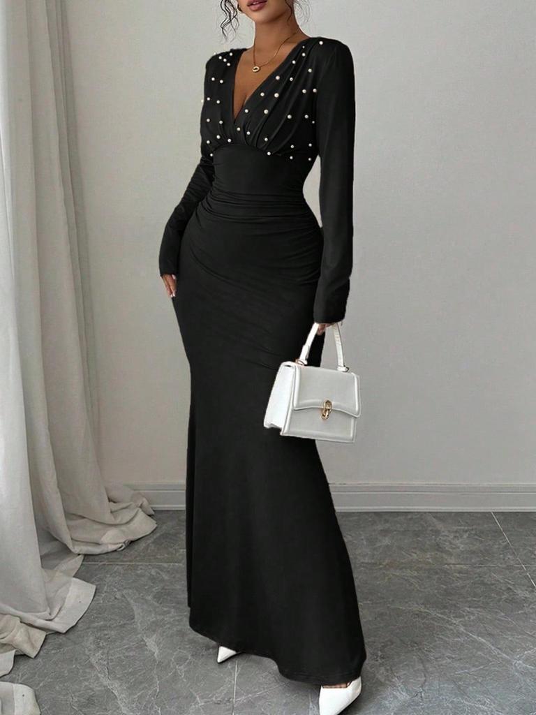 Elegant Plus Size Pearl-Decorated Waist-Cinching Evening Dress for Women