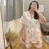 Koreanisches 2-teiliges Damen-Set, Frühling/Sommer, Kurzarm-Pyjama für Damen, Seidenmode, Nachtwäsche, hübscher Cartoon-Print, rosa Satin-Pyjama-Set für junge Mädchen