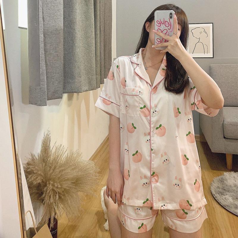 Koreanisches 2-teiliges Damen-Set, Frühling/Sommer, Kurzarm-Pyjama für Damen, Seidenmode, Nachtwäsche, hübscher Cartoon-Print, rosa Satin-Pyjama-Set für junge Mädchen