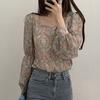 Cute Top Floral Print Young Square Neck Puff Sleeve Lovely Ladies Blouse for Work