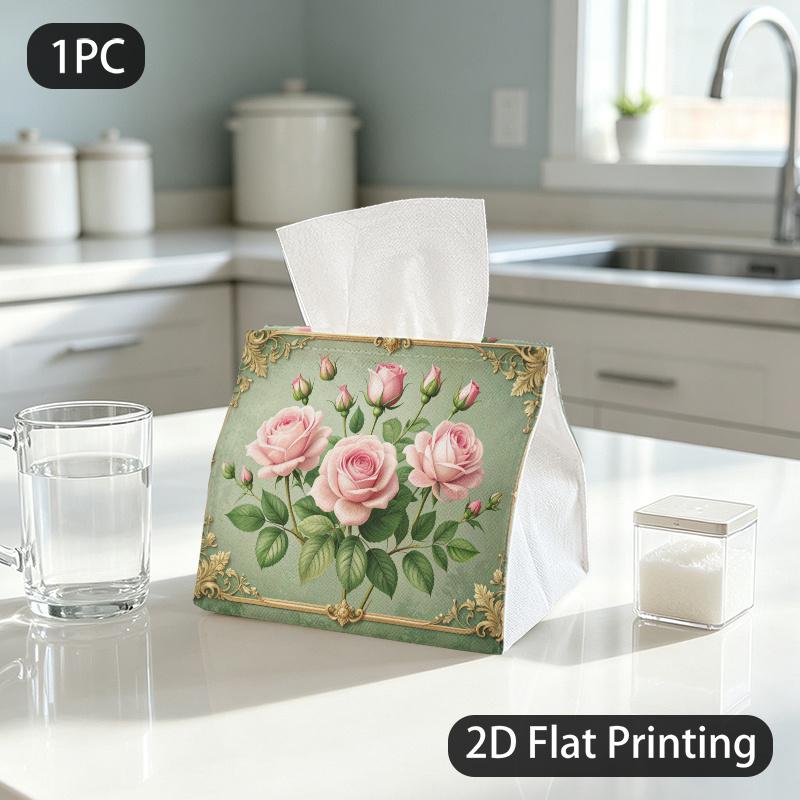 1pc Tissue Box, Rococo Pink Roses Golden Frames Elegant Pattern, 2D Flat Printing, Crafted with Strong Polyester, Easy To Carry, Tissue Holder, for Re