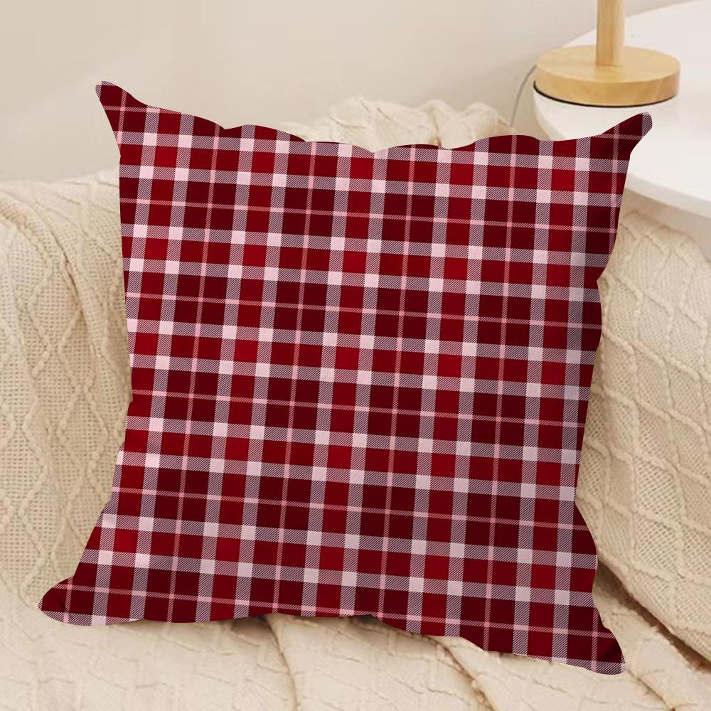 Red Plaid Cushion Cover Soft Plush Fabric Double-Sided Printed Sofa Cushion Cover for All Seasons Home Decor Gift
