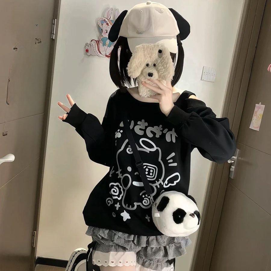 

Девушки Харадзюку Японский Каваи Футболки Женская Одежда Принт Кошки Футболки с Длинным Рукавом Открытые Плечи Топы Y2k Милая Футболка S