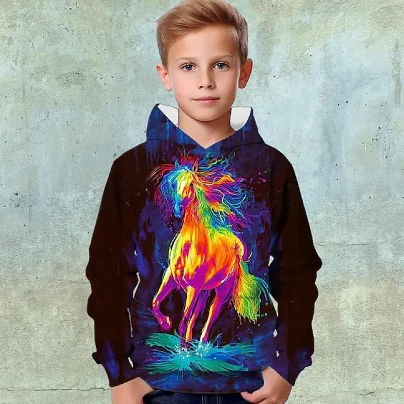Chlapčenská 3D grafická mikina so zvieracím motívom koňa, s dlhým rukávom, s 3D potlačou, jesenná zimná móda, streetwear, cool, polyester, deti 4-14 rokov