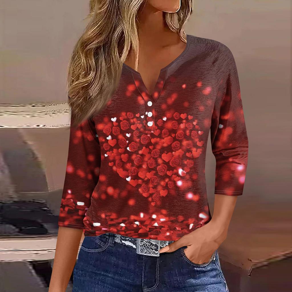 Damen Kragen Valentinstag Print Kurzarm T-Shirt Top