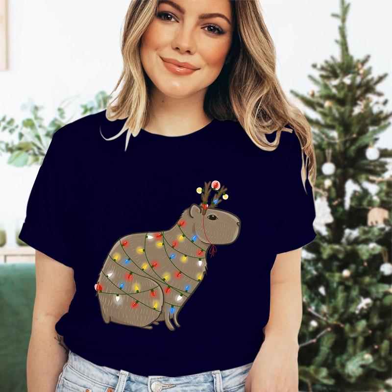 Womens Christmas Tshirt Funny Capybaras Lights Design Festive Crew Neck Girls Clothing Merry Christmas Capybara Cartoon Tshirt