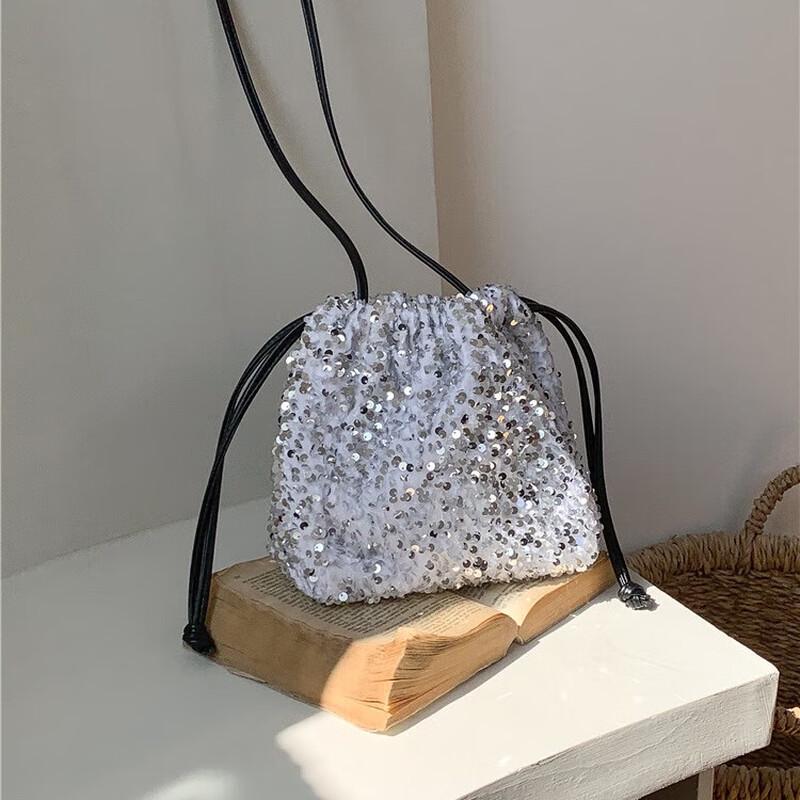 Tuoluman Women's Pleated Sequin Drawstring Bucket Bag