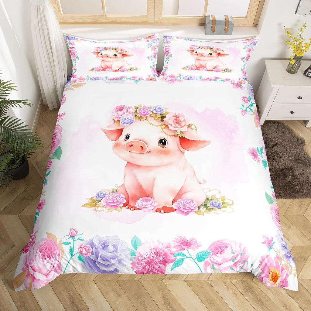Rozā cūciņas gultas veļas komplekts King Queen Guļošas cūciņas segas pārvalks bērniem, zēniem, meitenēm, Kawaii dzīvnieku segas pārvalks ar 2 spilvendrānām