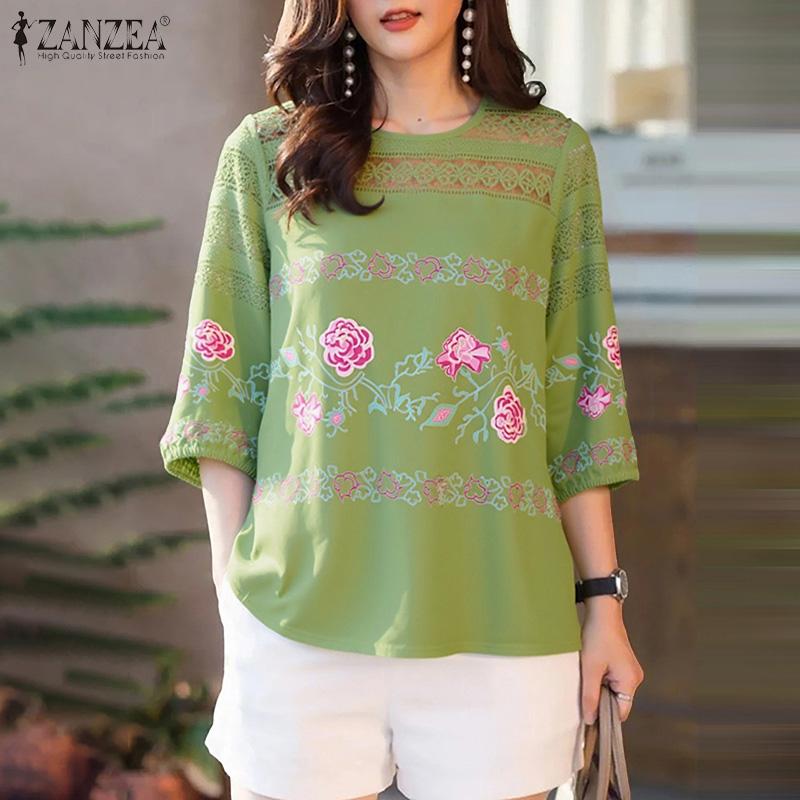 ZANZEA Women Casual Lace Patchwork Round Neck 3/4 Sleeve Floral Print Blouse