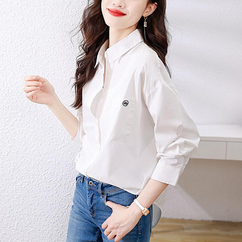 White Top Womens Long-sleeved Spring Clothes Latest Embroidered Top Cotton Lapel Top