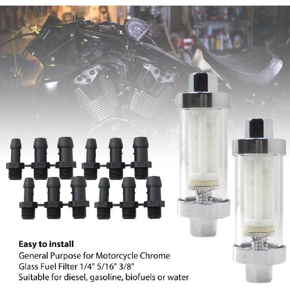 2x Universal 1/4" 5/16" 3/8" Chrome Glass Reusable Washable Inline Fuel Filter for Fuel Petrol Diesel Water Hose Pipe 6/8/10mm