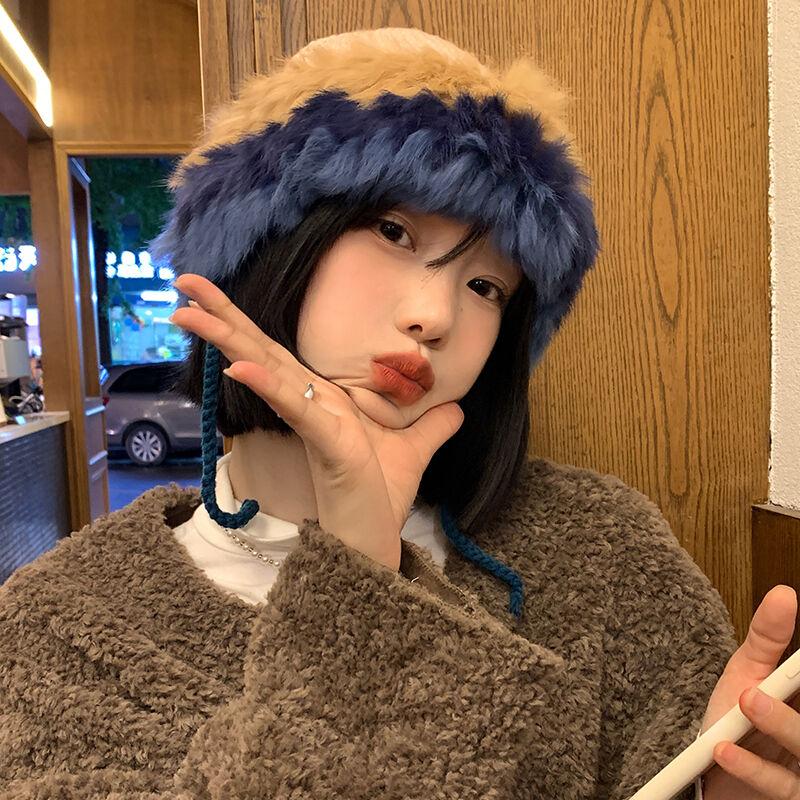 

Rabbit fur knitted hat women s autumn and winter splicing warm wool hat cold-proof cover plush ear protection bag head hat adult (56-58cm) синій