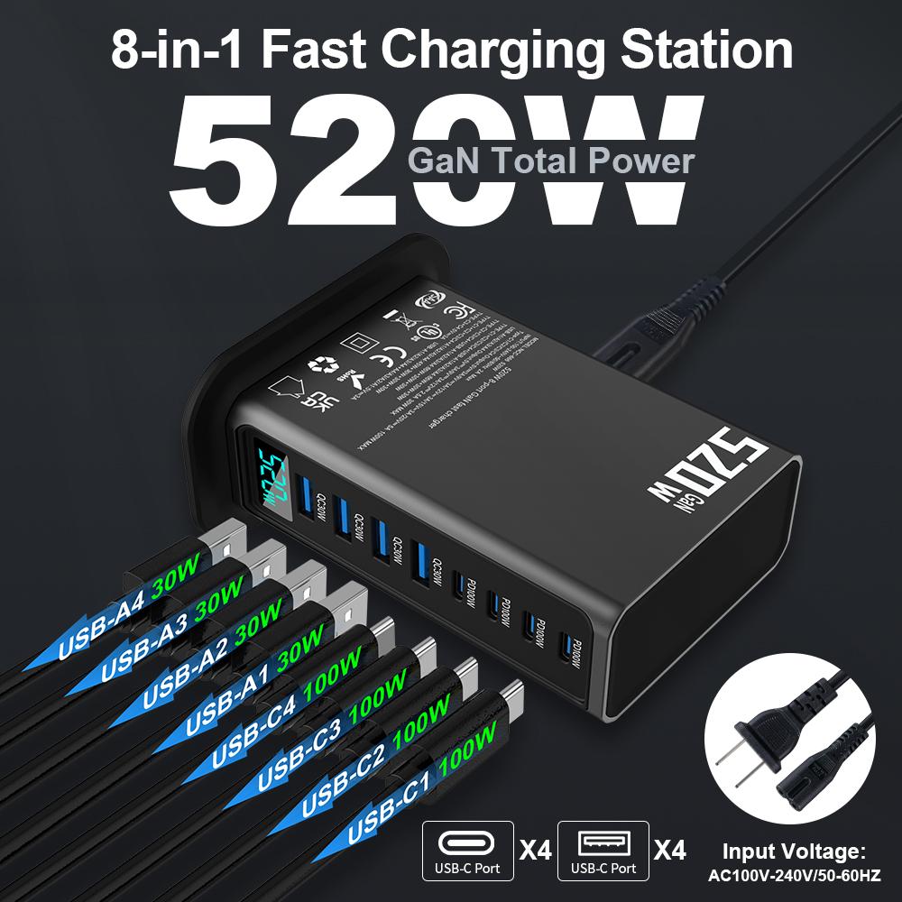 520W GaN Desktop Fast Charger 8-Port 4 USB-C+4 USB-A PD 100W Fast Charger USB Type C Mobile Phone Power Charger Station