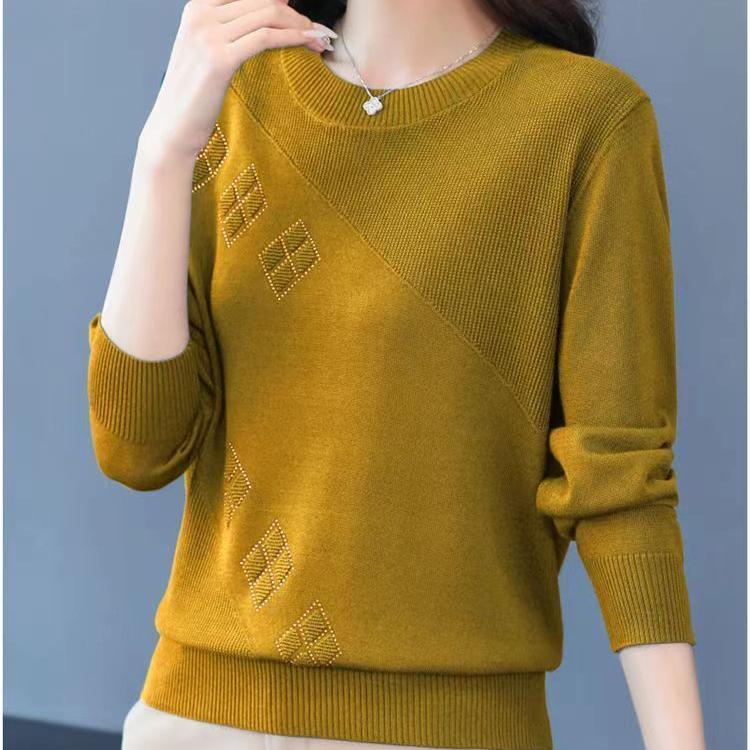 Fall Winter Women's Plus Size Sweater Long Sleeve Loose Crew Neck Knitwear Sweater Rhinestone Pullover Knit Top Stretch Jumper