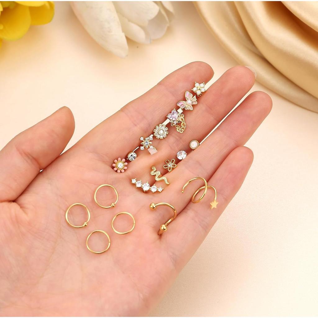 Bobisty 1PC Cartilage Earring Stud for Women Surgical Steel Flat Back Earrings Hoop Flower Snake Shape Helix Piercing Jewelry