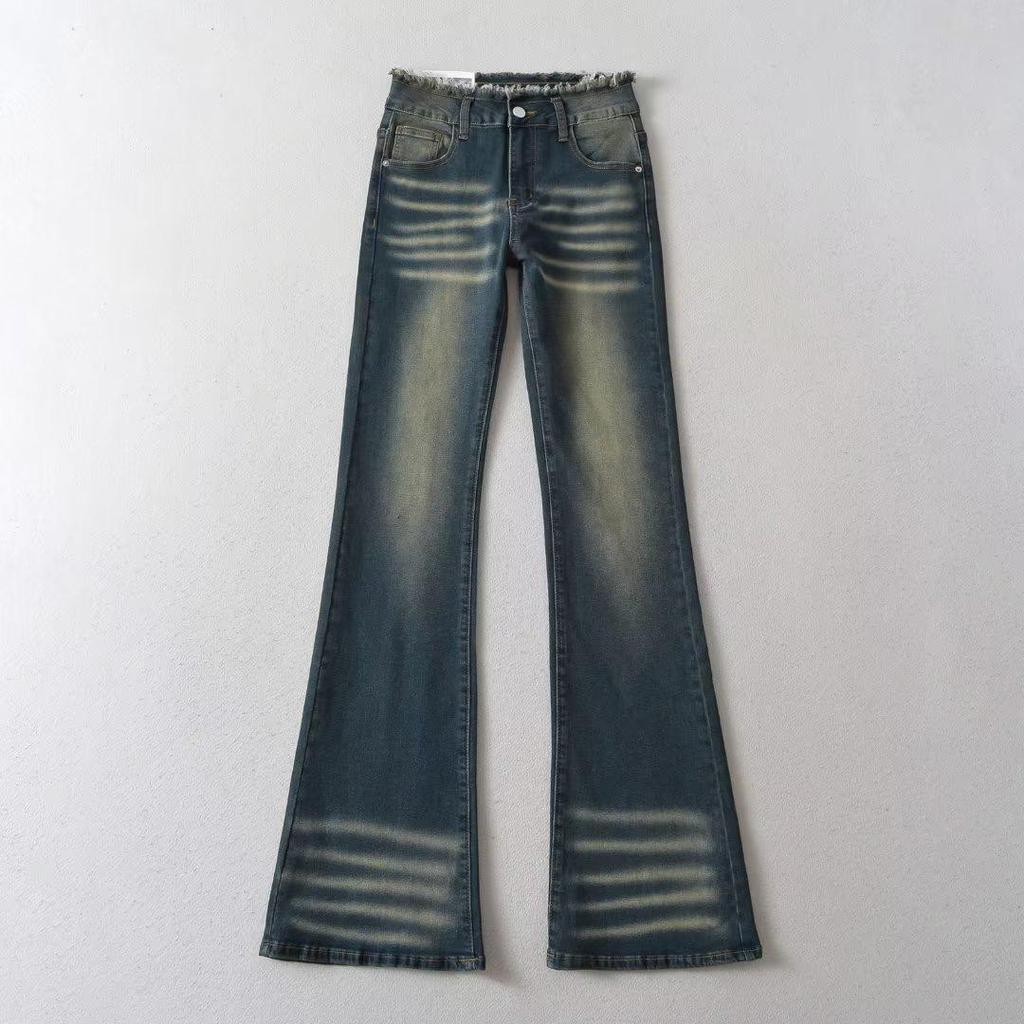 Retro Distressed Micro Flare High Waist Jeans for Women - Fall 2023 Slimming Straight Leg Pants with Raw Hem