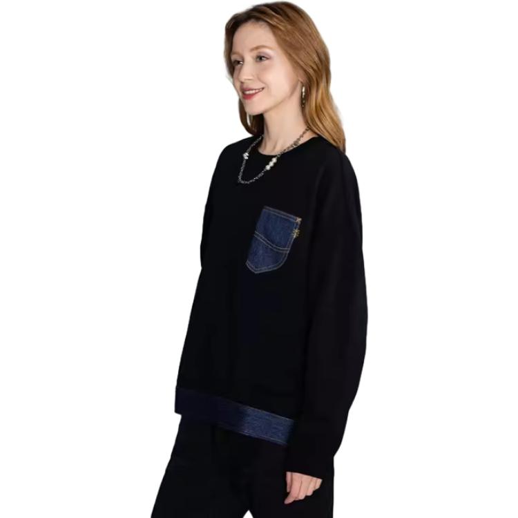 Lee Denim Patchwork Round Neck Pullover Sweatshirt Women Sweatshirt Black LWT004232CUH00F-K11000