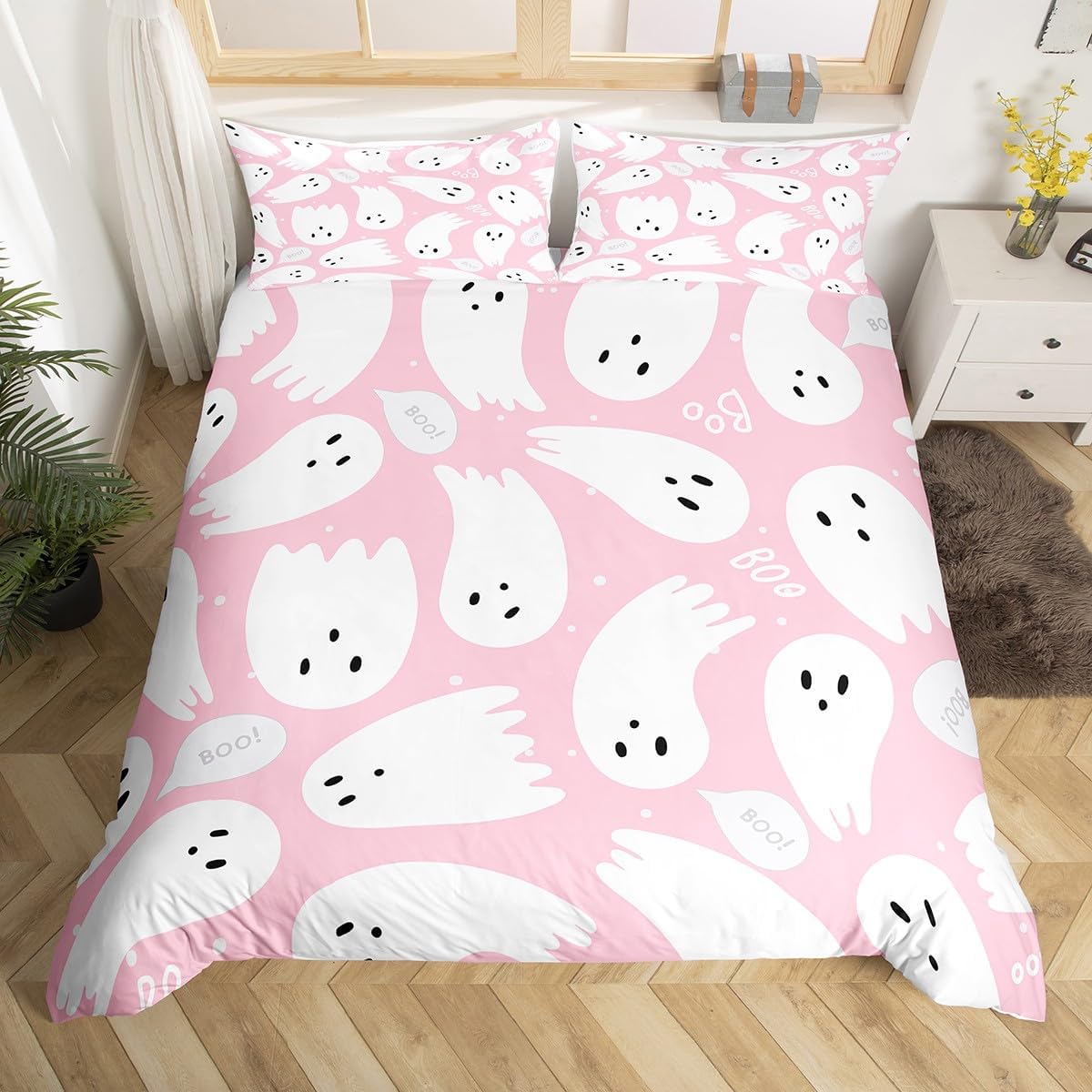 

Halloween Duvet Cover Set Cartoon Ghost Bedding Set for Kids Boys Girls Kawaii Cute Comforter Microfiber Pink Bedding Set US Twin(172x218cm)