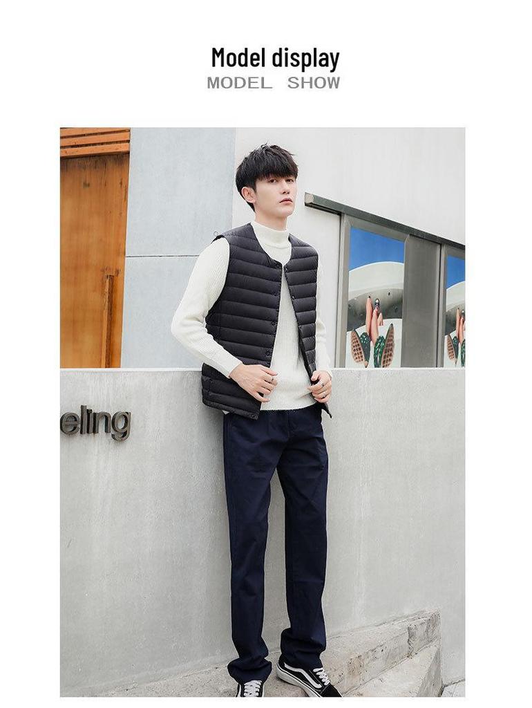Men's 90% Down Solid Color V-Neck/Round Neck Vest Plus Size Jacket