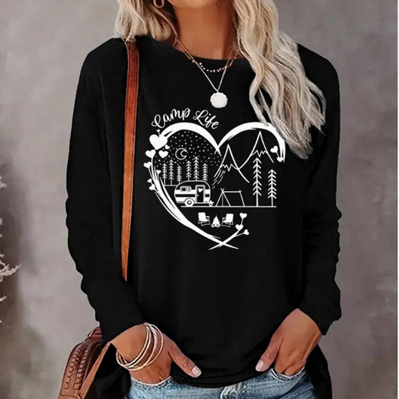 

Топы для женщин 3D Village Love Print Круглый вырез Футболка с длинным рукавом Осенний повседневный тонкий пуловер Женский топ с длинным рукавом 8XL чёрный