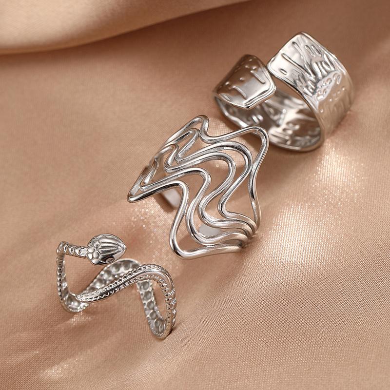 Hip-Hop Stainless Steel Circular Threaded Ring Set for Women Personality Irregular Metal Lava Line Index Finger Rings Jewelry