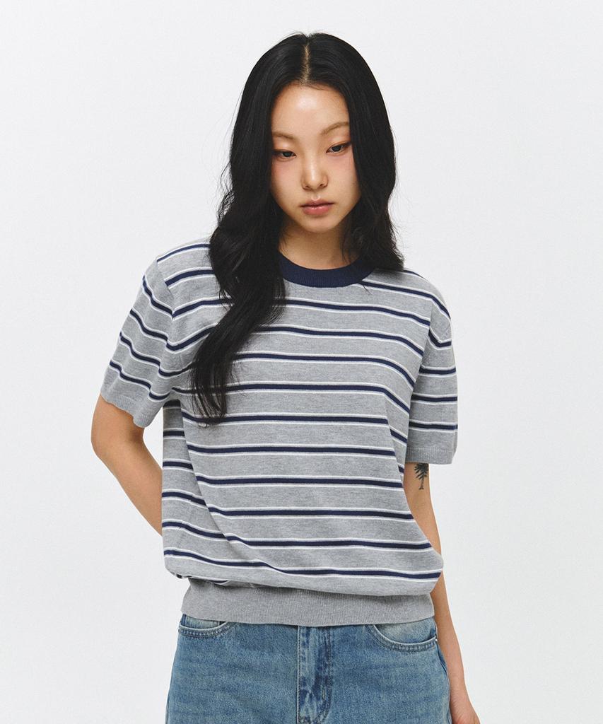 ECORR Multi-Stripe Ringer Crop Short Sleeve Knit_Gray