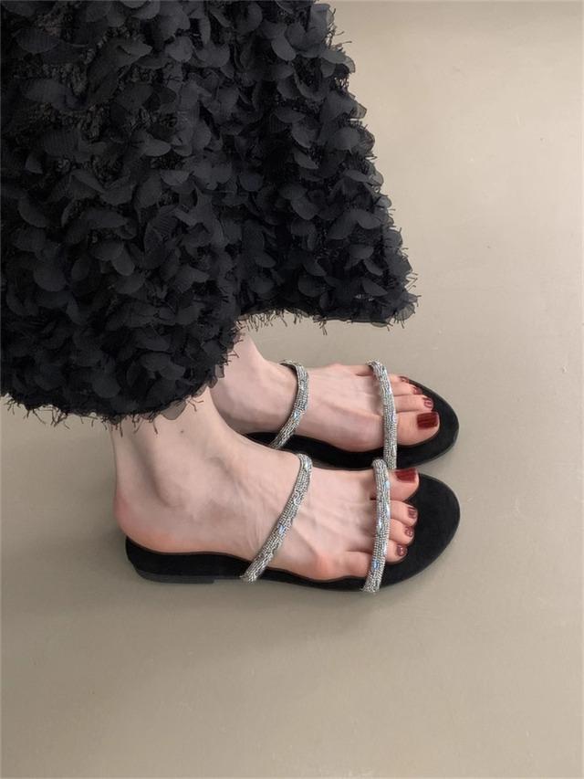 Premium Sense, Sandals Girl 2025 Summer New Rhinestone Open-toed Thin Strap Fairy Versatile Outer Wear Thick Heel Lazy Word Drag