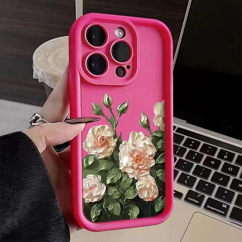 

Oil Painting White Rose Flower Silicone Phone Case For iPhone 16 Cases iPhone 11 12 13 14 15 Pro Max XS X 7 8 Plus SE 2020 Cover iPhone 13 рожевий червоний колір