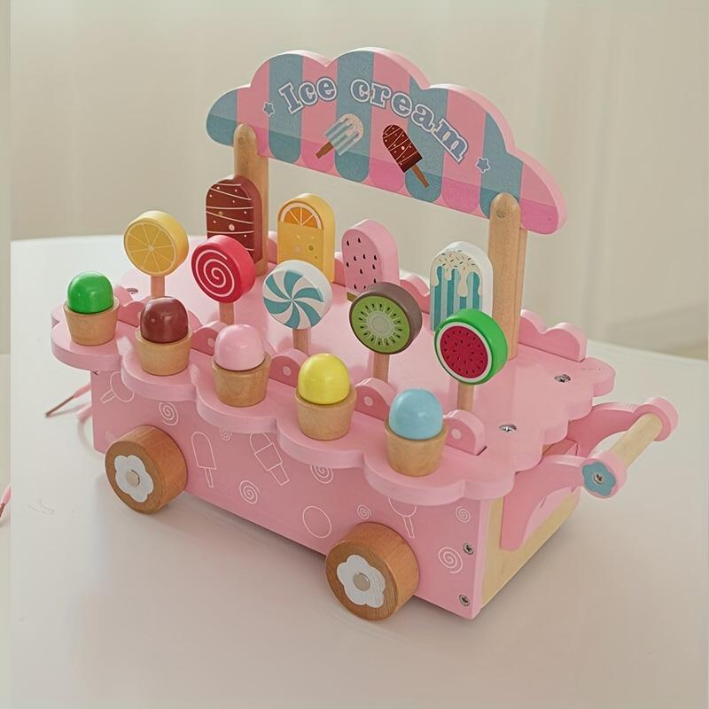Wooden Pretend Play Ice Cream Truck, Dessert Shop Role Playing Toy Photography Props, Game Room Decorations,8 Ice Cream Stands and 4 Accessories,