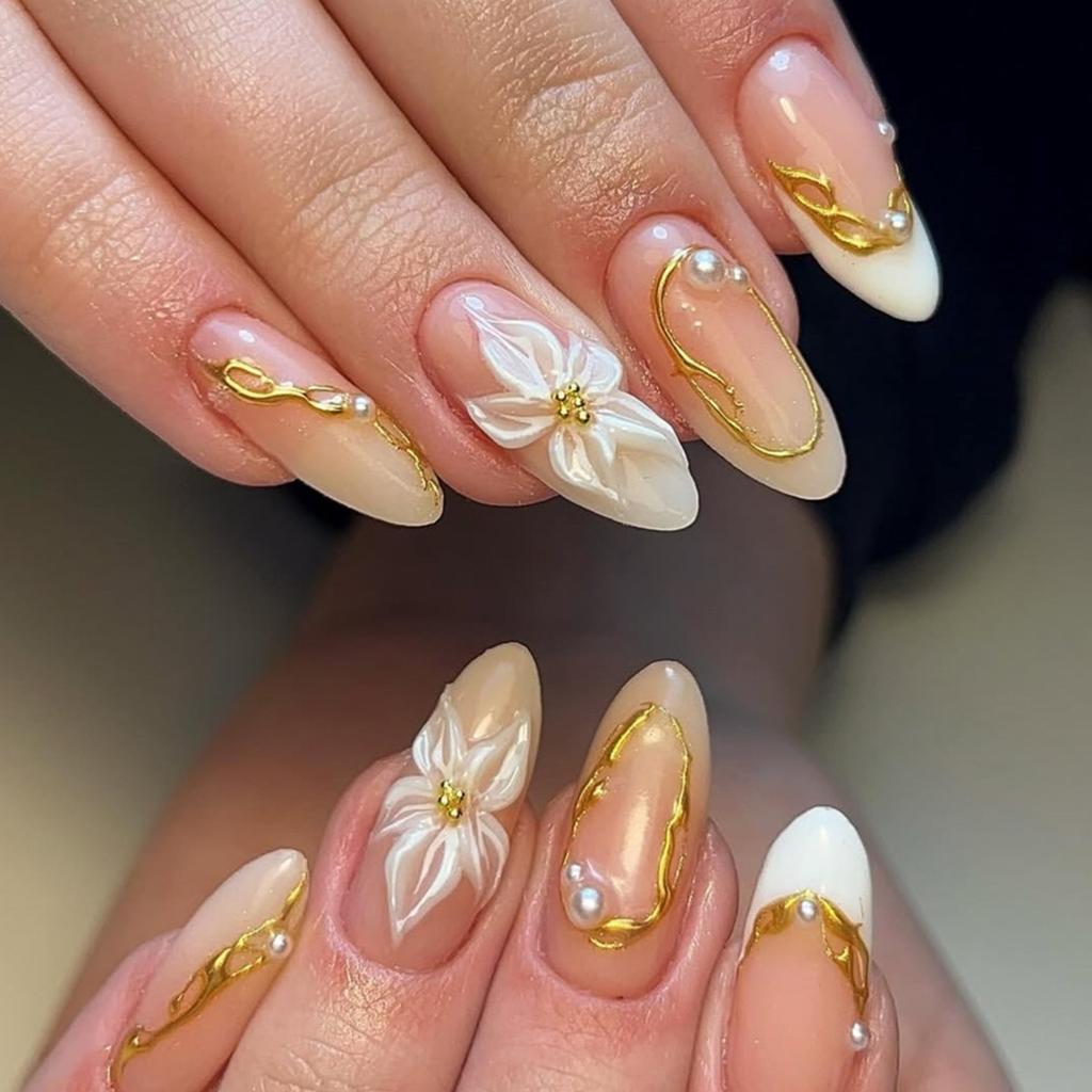24Pcs Summer Yellow Polka Dot French Nails Set Wearable Almond Flower Design Press on Fake Nail Tips Round Head Full False Nails