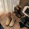 Cowhide~ Retro Round Head Belt Buckle Pleated Stack Medium Boots Thick Heel Thick Sole Knight Boots Short Boots Women